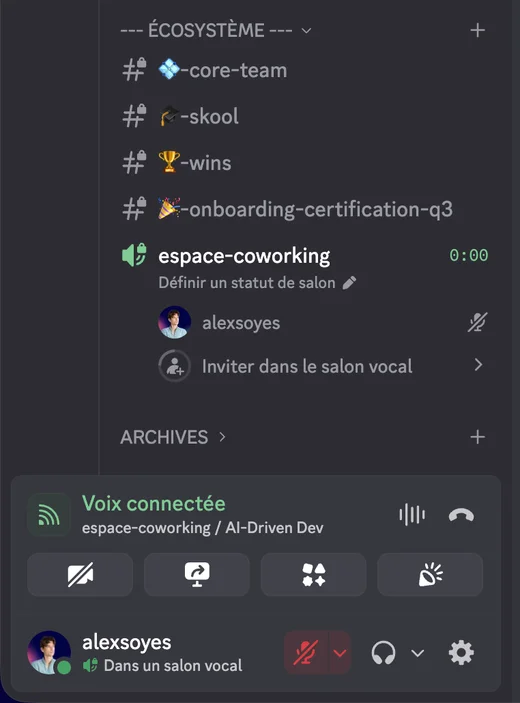Espace Discord privé AI-Driven Dev montrant les salons de l’écosystème et le salon vocal de coworking connecté.