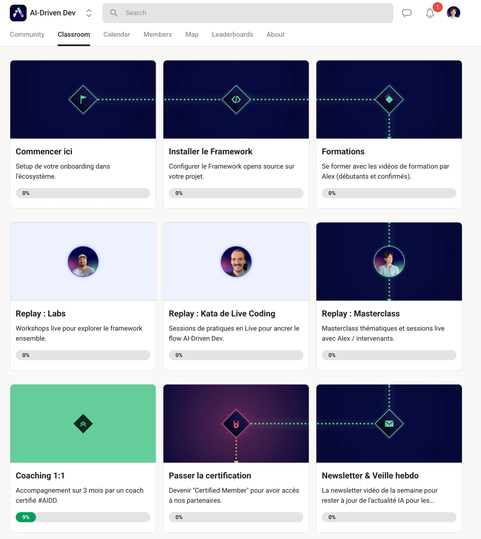 Aperçu de l’espace de formation privé AI-Driven Dev sur Skool