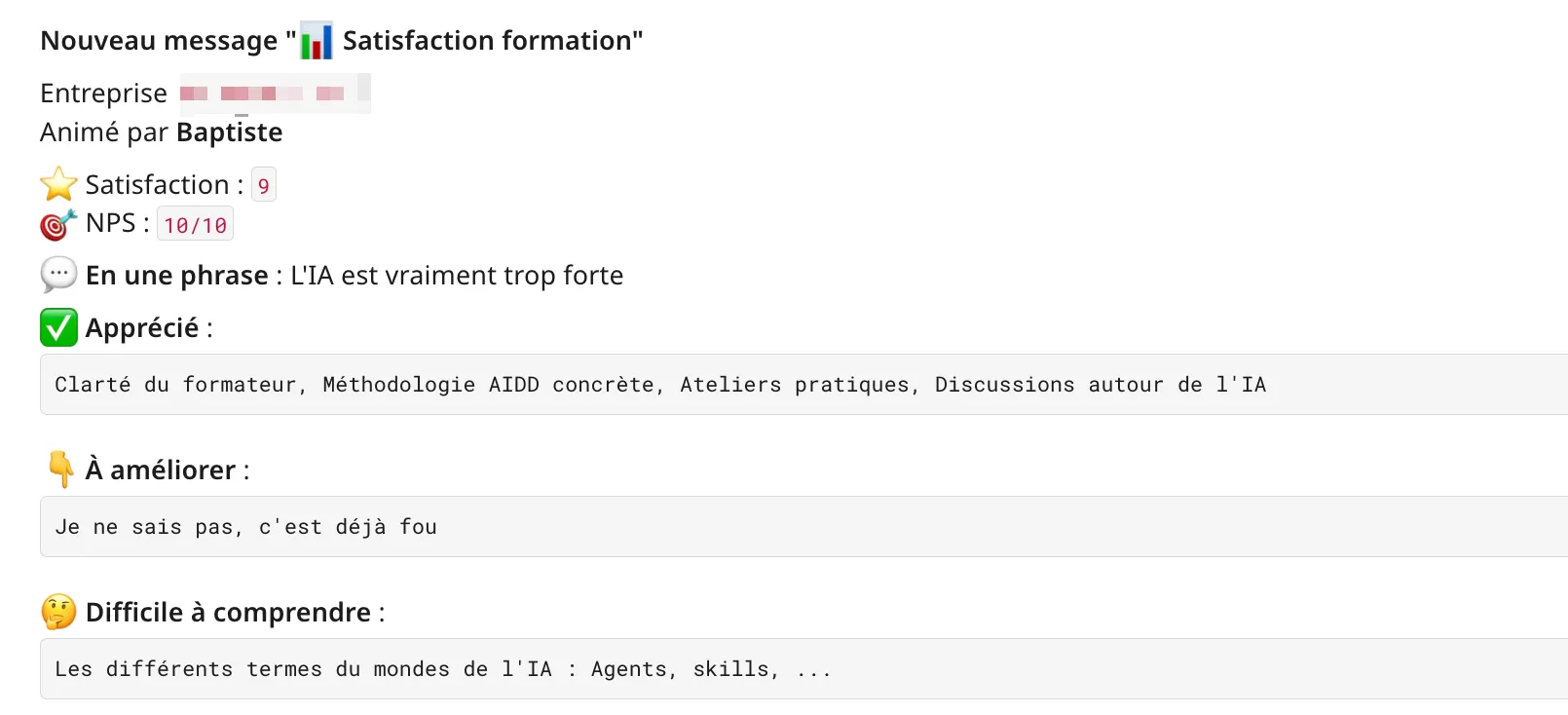 Retour de formation : satisfaction 9 sur 10 et NPS 10 sur 10