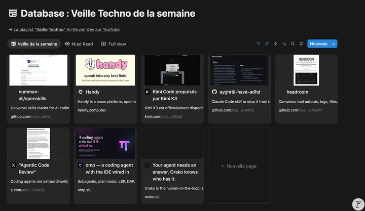 Base de données Notion de la veille technologique hebdomadaire AI-Driven Dev, organisée en cartes avec sources, outils et résumés.