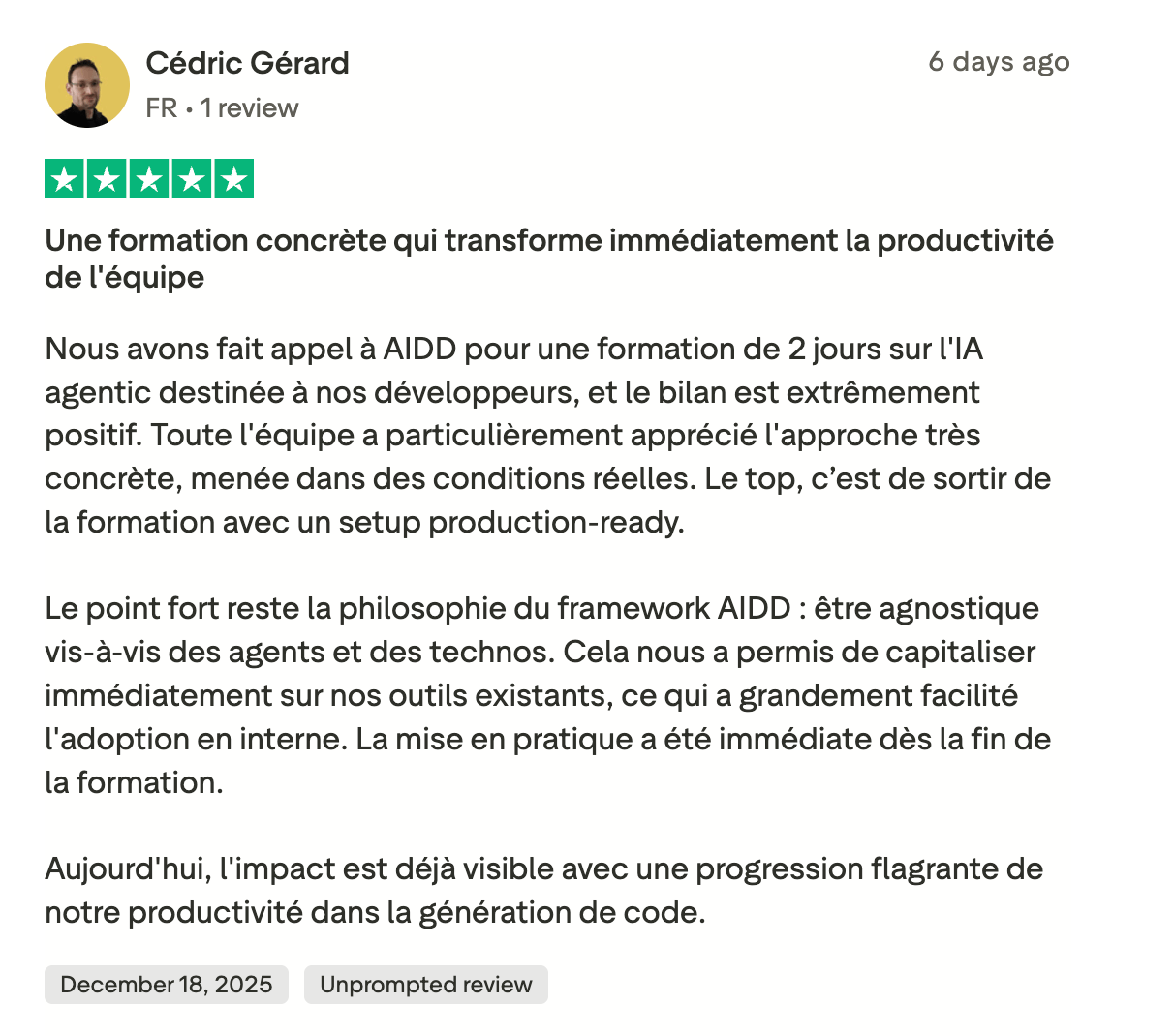 Avis Trustpilot de Cédric — formation AI-Driven Dev