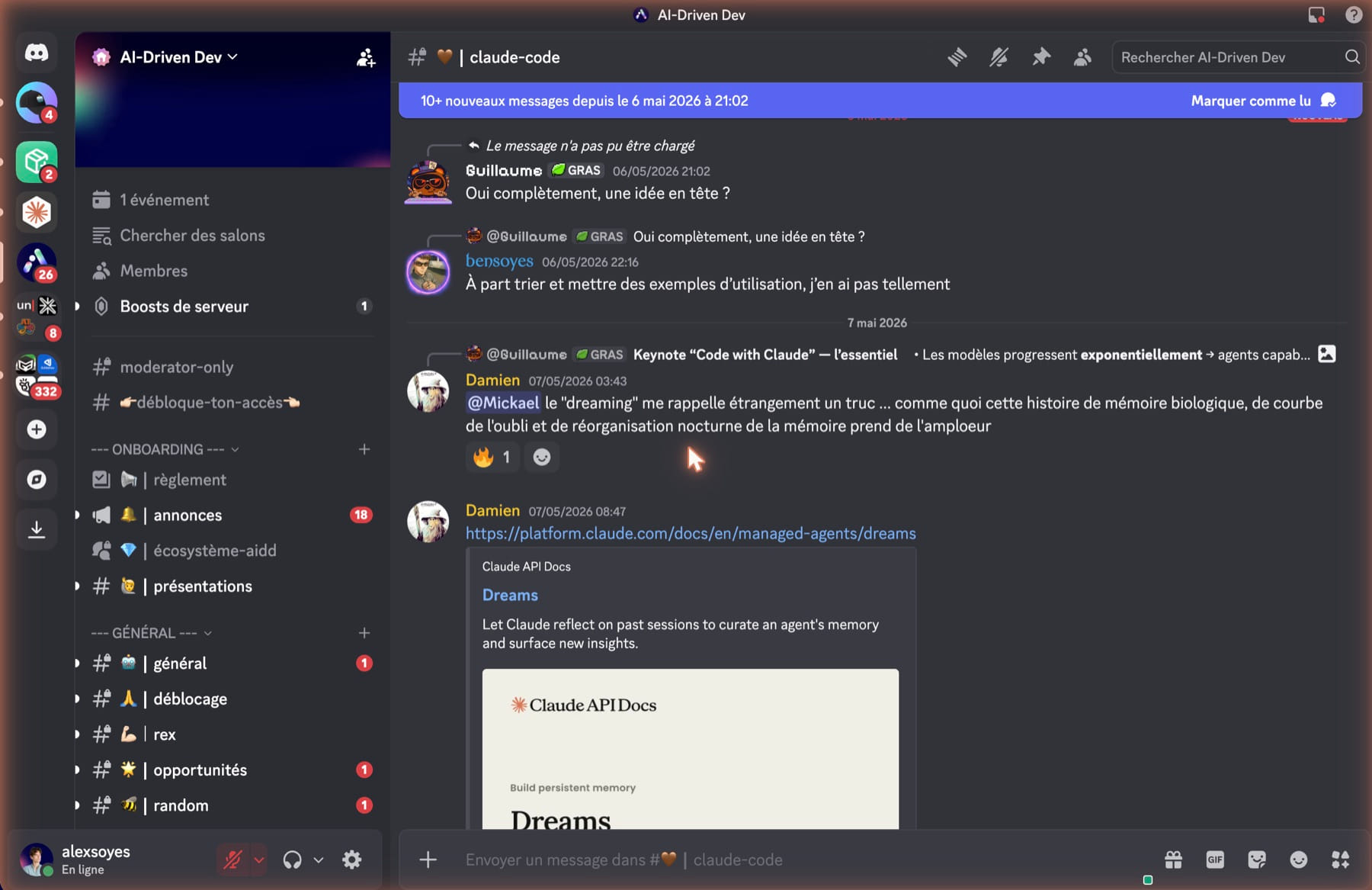 Le salon claude-code du Discord AI-Driven Dev, avec ses échanges entre membres