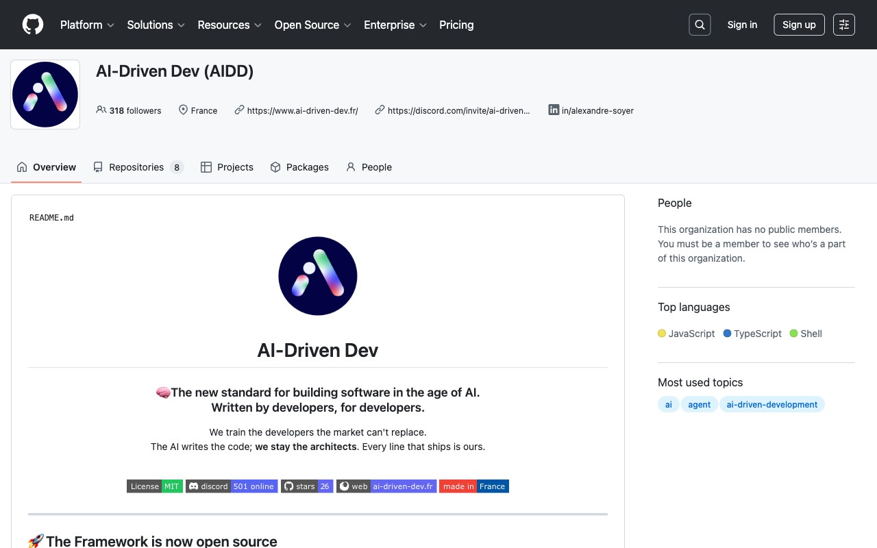 Le README d'accueil du framework AI-Driven Dev sur GitHub